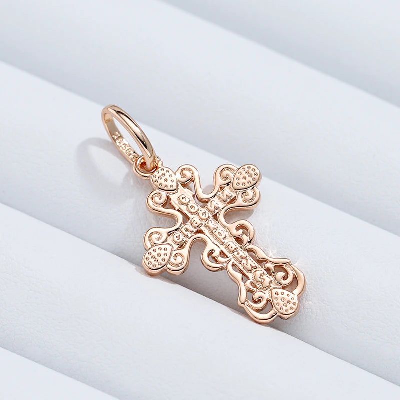 Elegant 585 Rose Gold Cross Pendant Necklace for Men - Orthodox Church Jesus Charm Jewelry