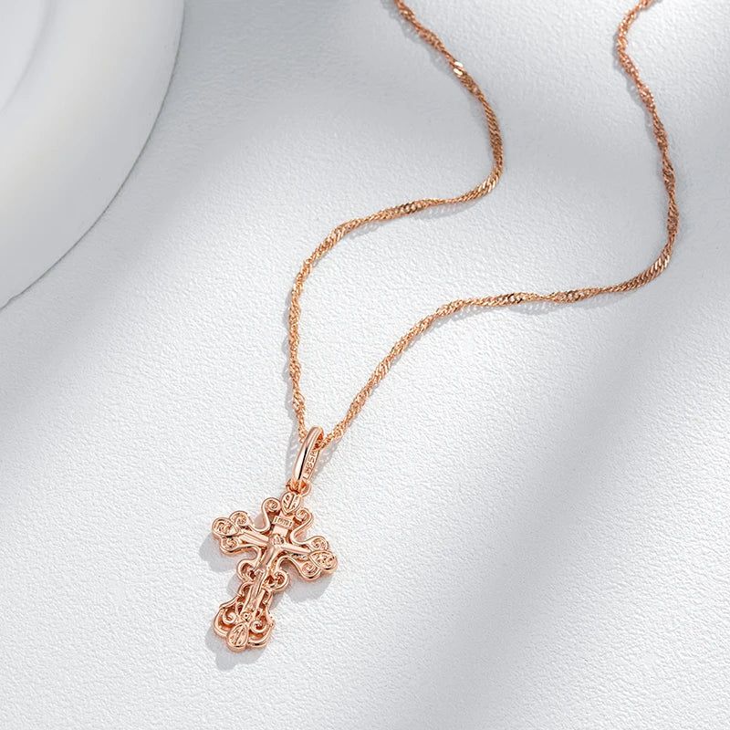 Elegant 585 Rose Gold Cross Pendant Necklace for Men - Orthodox Church Jesus Charm Jewelry