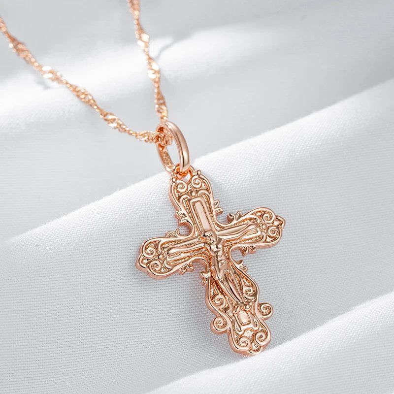 Elegant 585 Rose Gold Cross Pendant Necklace for Men - Orthodox Church Jesus Charm Jewelry