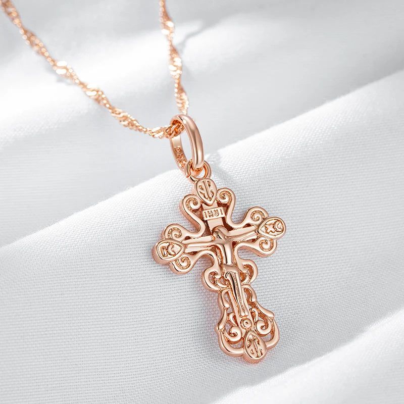 Elegant 585 Rose Gold Cross Pendant Necklace for Men - Orthodox Church Jesus Charm Jewelry