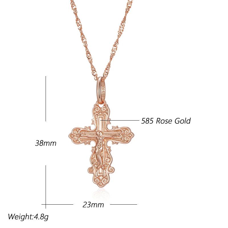 Elegant 585 Rose Gold Cross Pendant Necklace for Men - Orthodox Church Jesus Charm Jewelry