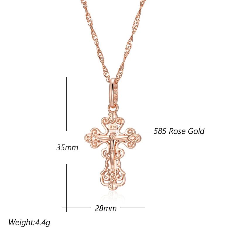 Elegant 585 Rose Gold Cross Pendant Necklace for Men - Orthodox Church Jesus Charm Jewelry