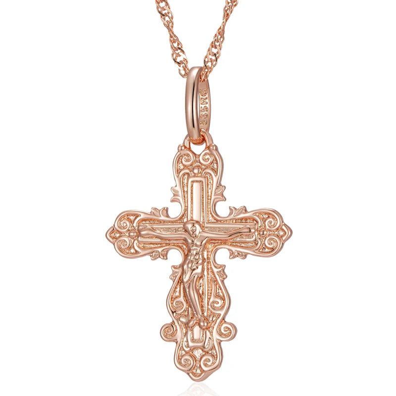 Elegant 585 Rose Gold Cross Pendant Necklace for Men - Orthodox Church Jesus Charm Jewelry