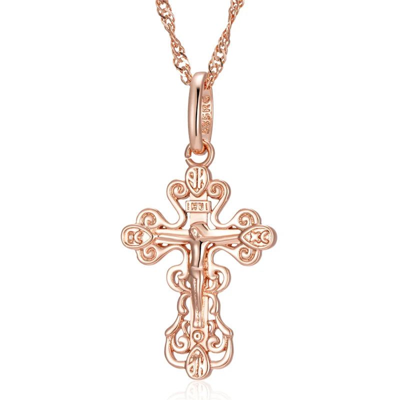 Elegant 585 Rose Gold Cross Pendant Necklace for Men - Orthodox Church Jesus Charm Jewelry