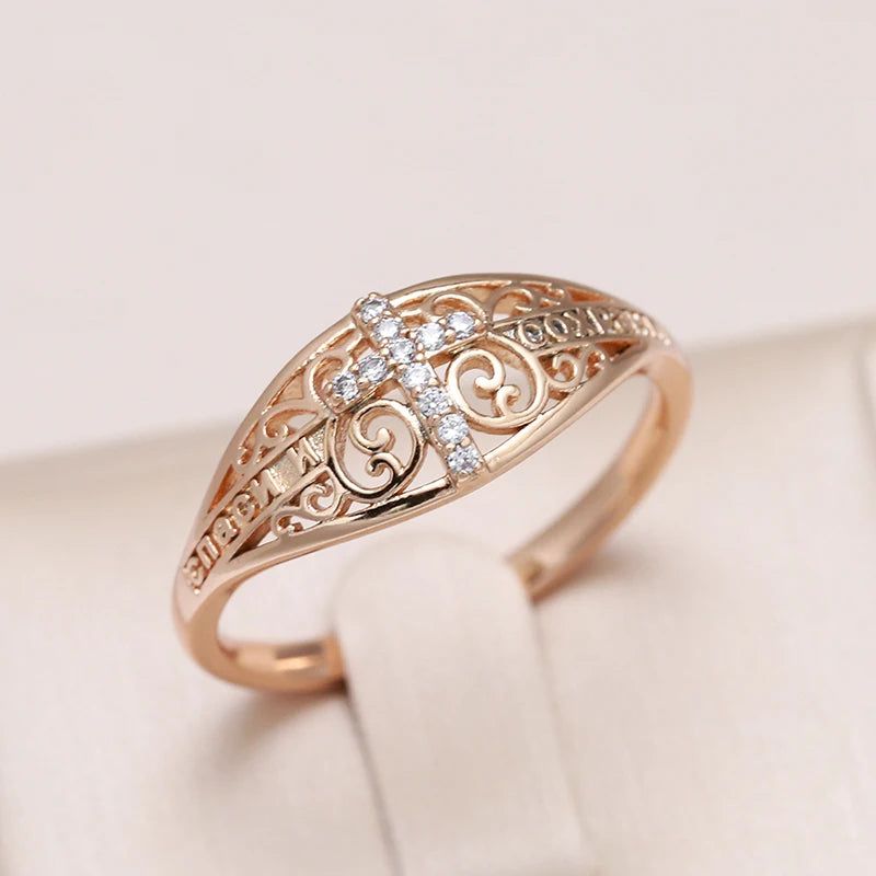 Elegant 585 Rose Gold Cross Ring with Micro-Wax Inlay and Natural Zircon