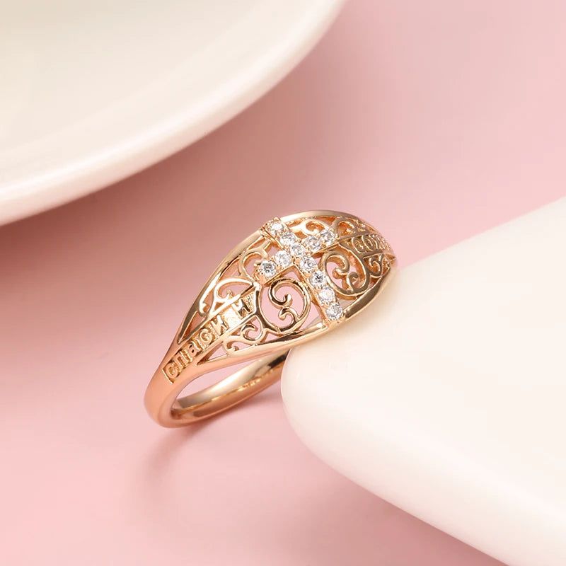 Elegant 585 Rose Gold Cross Ring with Micro-Wax Inlay and Natural Zircon