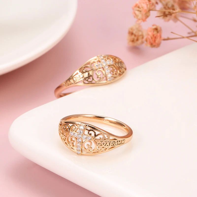 Elegant 585 Rose Gold Cross Ring with Micro-Wax Inlay and Natural Zircon