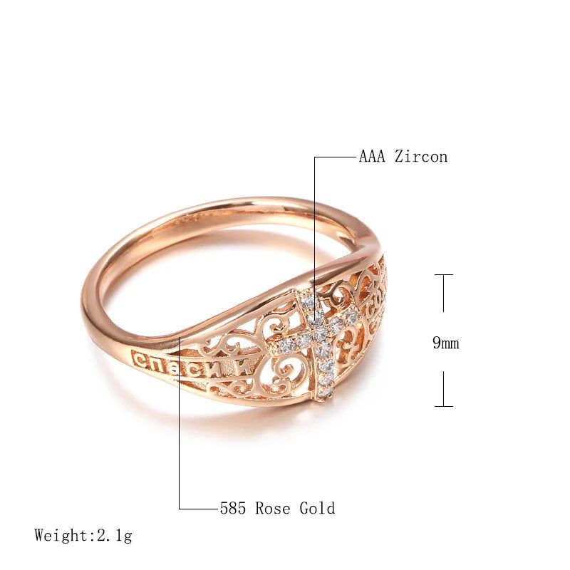 Elegant 585 Rose Gold Cross Ring with Micro-Wax Inlay and Natural Zircon