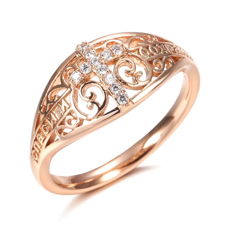 Elegant 585 Rose Gold Cross Ring with Micro-Wax Inlay and Natural Zircon