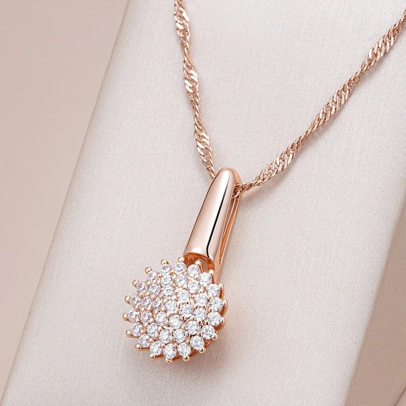 Elegant 585 Rose Gold Crystal Floral Pendant Necklace with Natural Zircon Accents