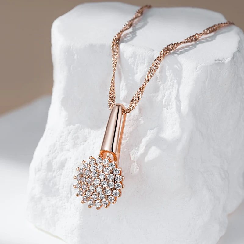 Elegant 585 Rose Gold Crystal Floral Pendant Necklace with Natural Zircon Accents