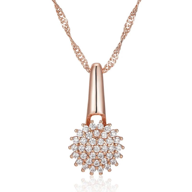 Elegant 585 Rose Gold Crystal Floral Pendant Necklace with Natural Zircon Accents