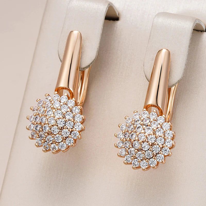 Elegant 585 Rose Gold Crystal Flower Dangle Earrings with Natural Zircon