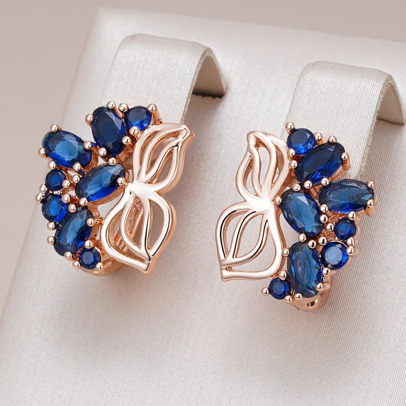 Elegant 585 Rose Gold Drop Earrings with Crystal Flower and Blue Natural Zircon