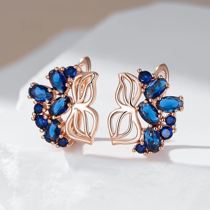 Elegant 585 Rose Gold Drop Earrings with Crystal Flower and Blue Natural Zircon