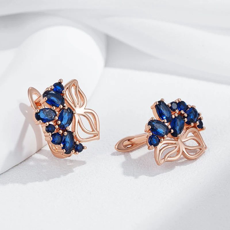 Elegant 585 Rose Gold Drop Earrings with Crystal Flower and Blue Natural Zircon