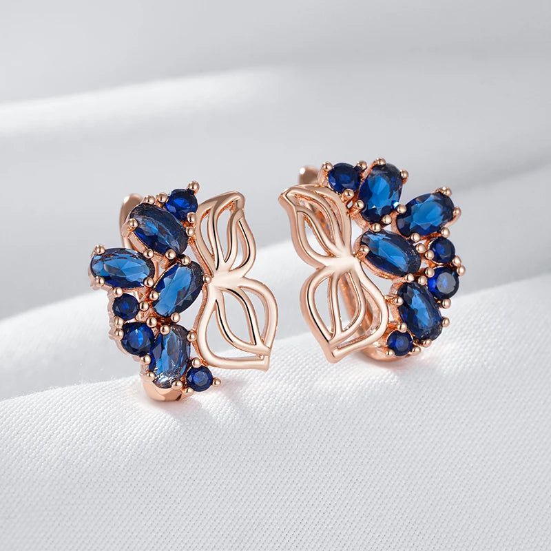 Elegant 585 Rose Gold Drop Earrings with Crystal Flower and Blue Natural Zircon