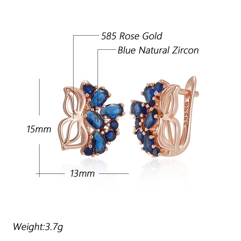 Elegant 585 Rose Gold Drop Earrings with Crystal Flower and Blue Natural Zircon