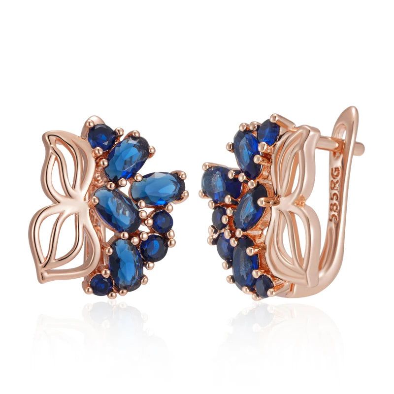 Elegant 585 Rose Gold Drop Earrings with Crystal Flower and Blue Natural Zircon