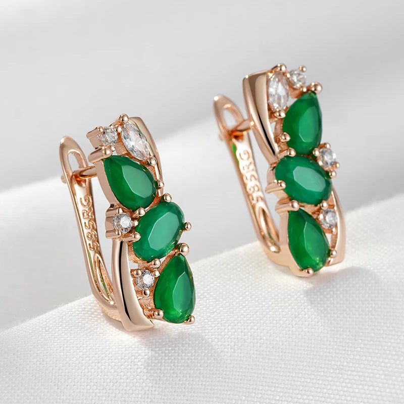 Elegant 585 Rose Gold Drop Earrings with Dazzling Green Natural Zircon