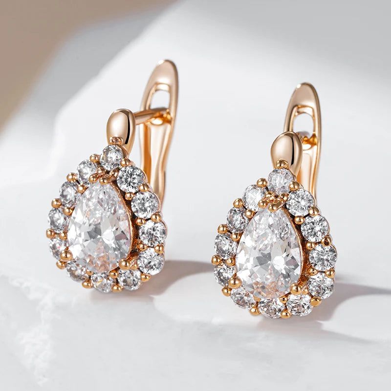 Elegant 585 Rose Gold Drop Earrings with Natural Zircon Accents