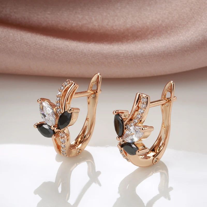 Elegant 585 Rose Gold Floral Clip Earrings with Black Natural Zircon Accents