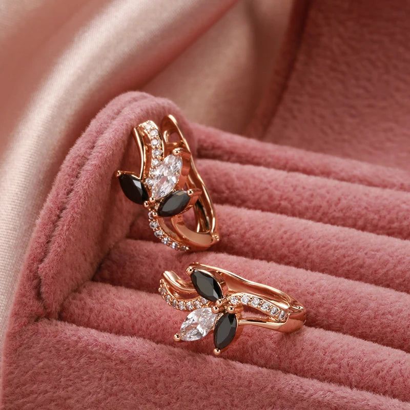 Elegant 585 Rose Gold Floral Clip Earrings with Black Natural Zircon Accents