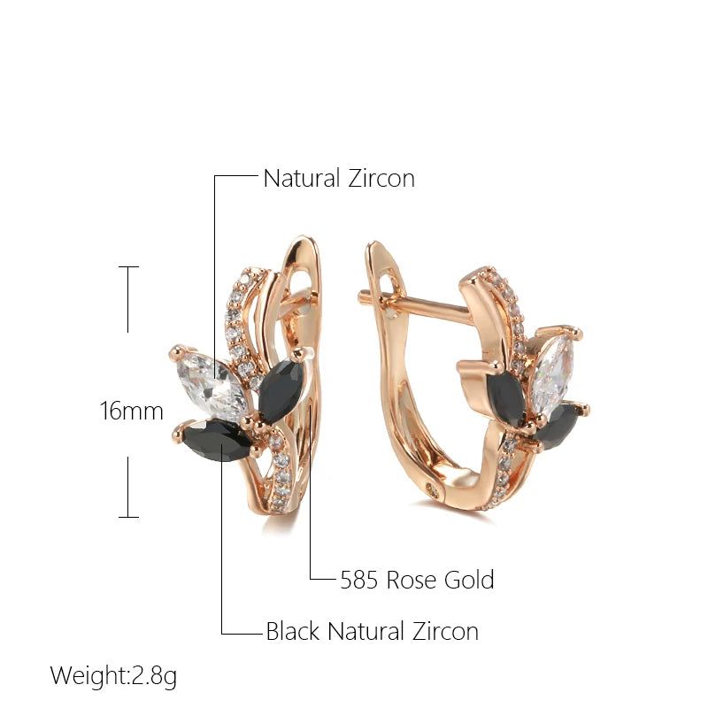 Elegant 585 Rose Gold Floral Clip Earrings with Black Natural Zircon Accents