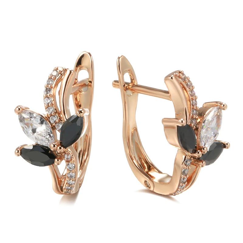 Elegant 585 Rose Gold Floral Clip Earrings with Black Natural Zircon Accents