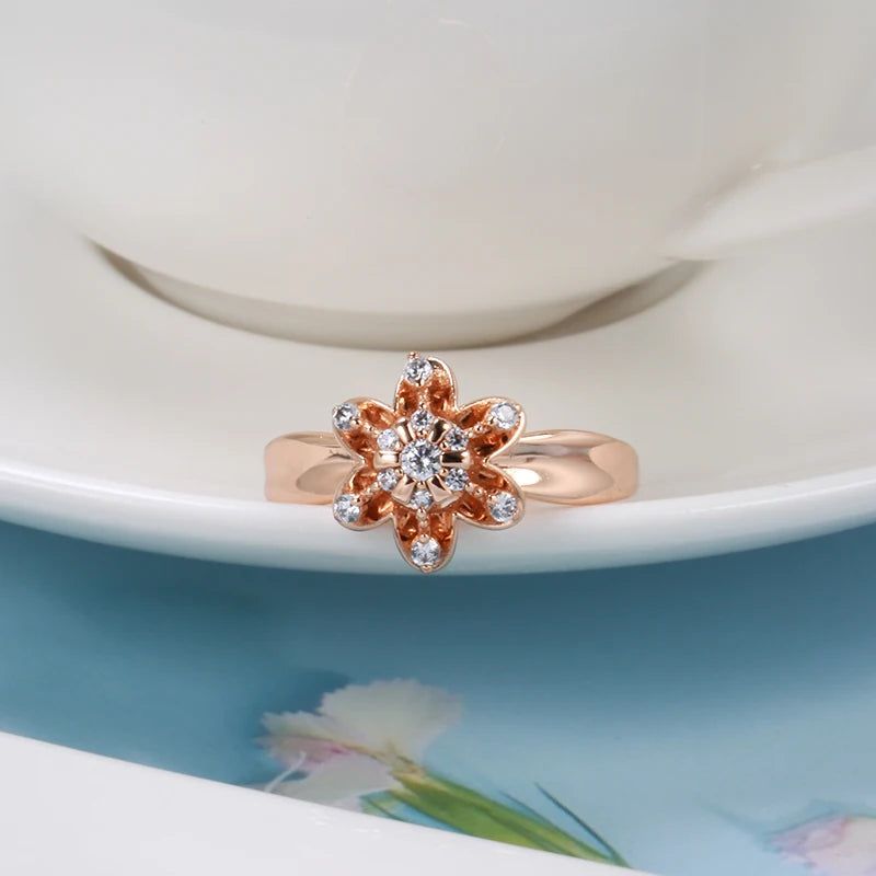 Elegant 585 Rose Gold Floral Crystal Ring with Natural Zircon and Micro Wax Inlay