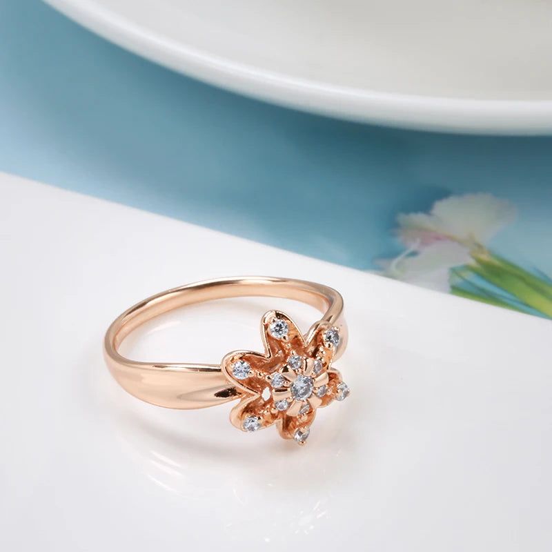 Elegant 585 Rose Gold Floral Crystal Ring with Natural Zircon and Micro Wax Inlay