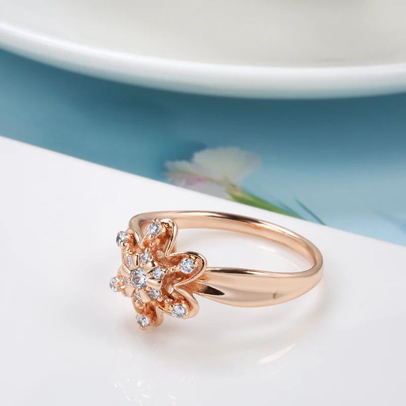 Elegant 585 Rose Gold Floral Crystal Ring with Natural Zircon and Micro Wax Inlay