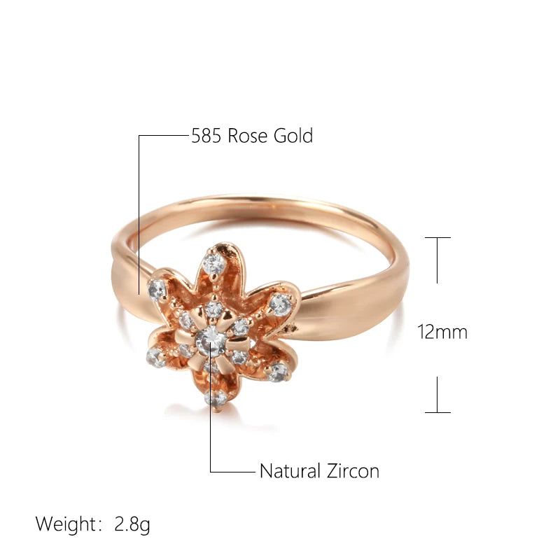 Elegant 585 Rose Gold Floral Crystal Ring with Natural Zircon and Micro Wax Inlay