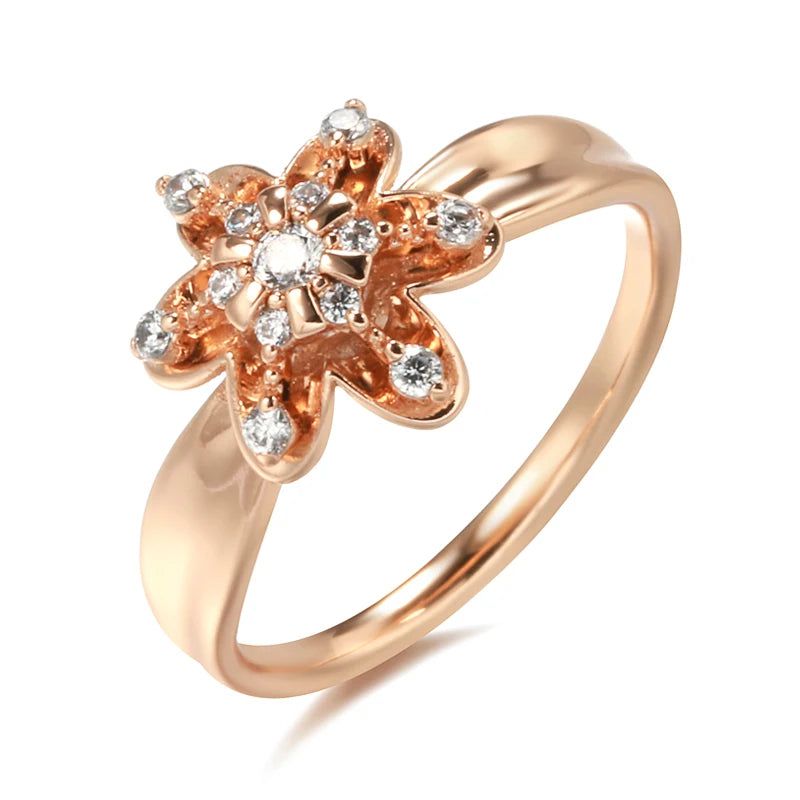 Elegant 585 Rose Gold Floral Crystal Ring with Natural Zircon and Micro Wax Inlay