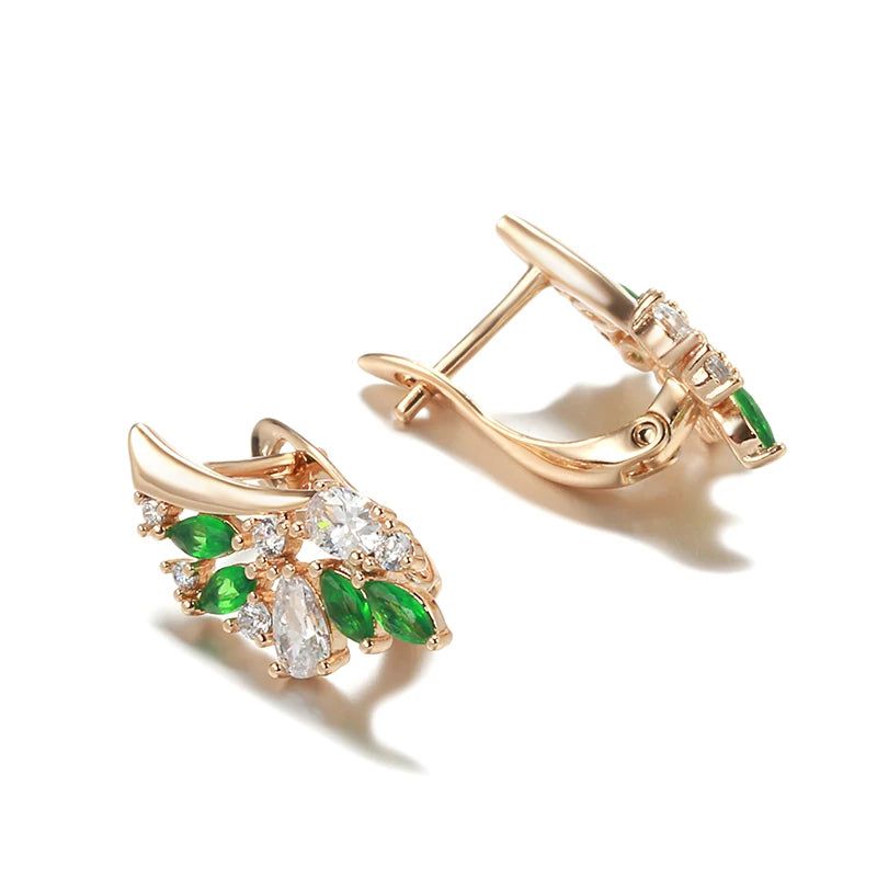 Elegant 585 Rose Gold Floral Drop Earrings with Dazzling Green Natural Zircon