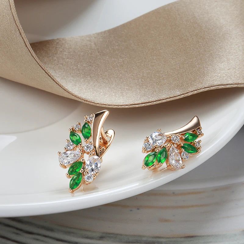 Elegant 585 Rose Gold Floral Drop Earrings with Dazzling Green Natural Zircon