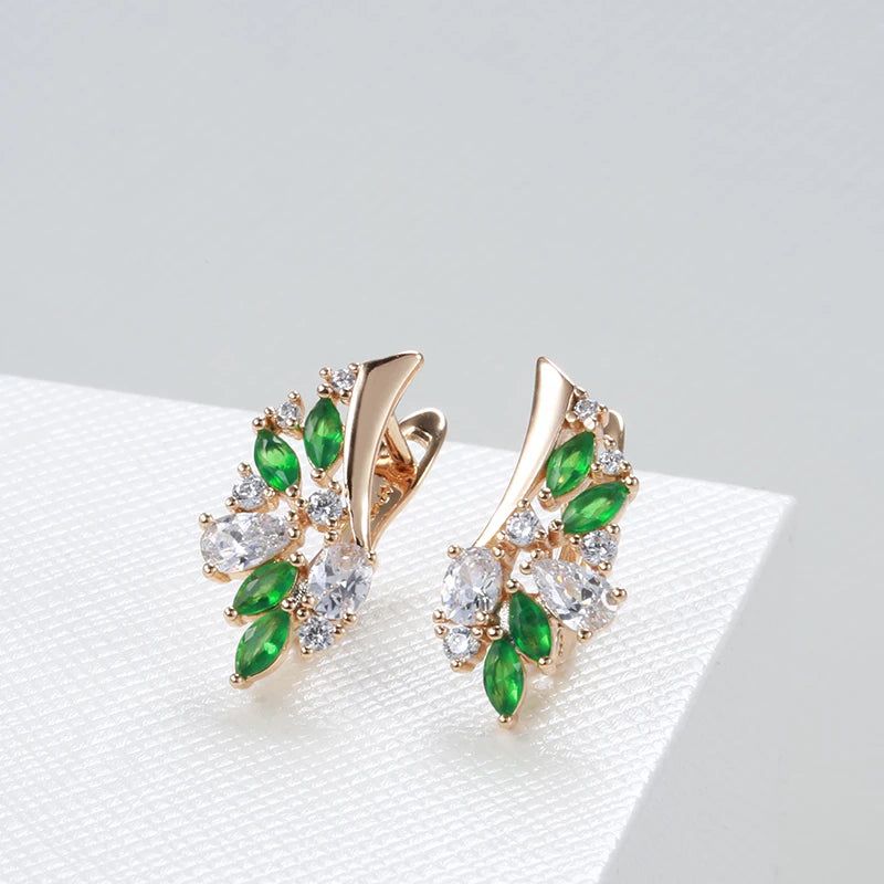 Elegant 585 Rose Gold Floral Drop Earrings with Dazzling Green Natural Zircon