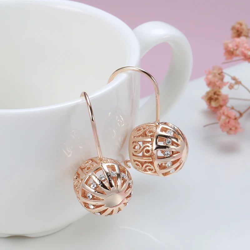 Elegant 585 Rose Gold Floral Drop Earrings with Hollow Ball Design - Statement Jewelry for Brides