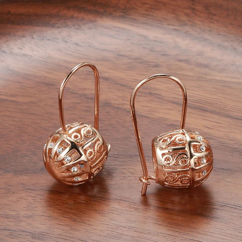 Elegant 585 Rose Gold Floral Drop Earrings with Hollow Ball Design - Statement Jewelry for Brides