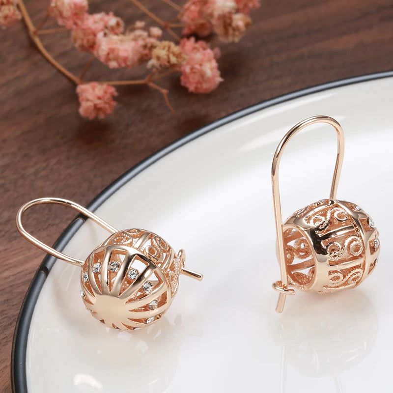 Elegant 585 Rose Gold Floral Drop Earrings with Hollow Ball Design - Statement Jewelry for Brides