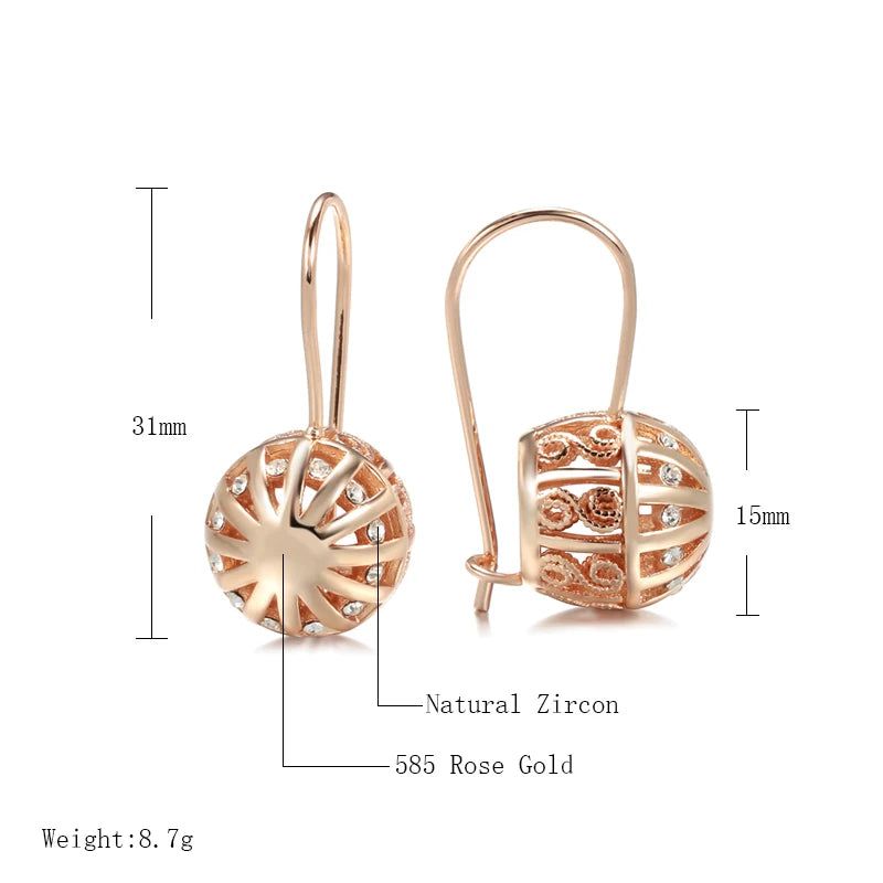 Elegant 585 Rose Gold Floral Drop Earrings with Hollow Ball Design - Statement Jewelry for Brides