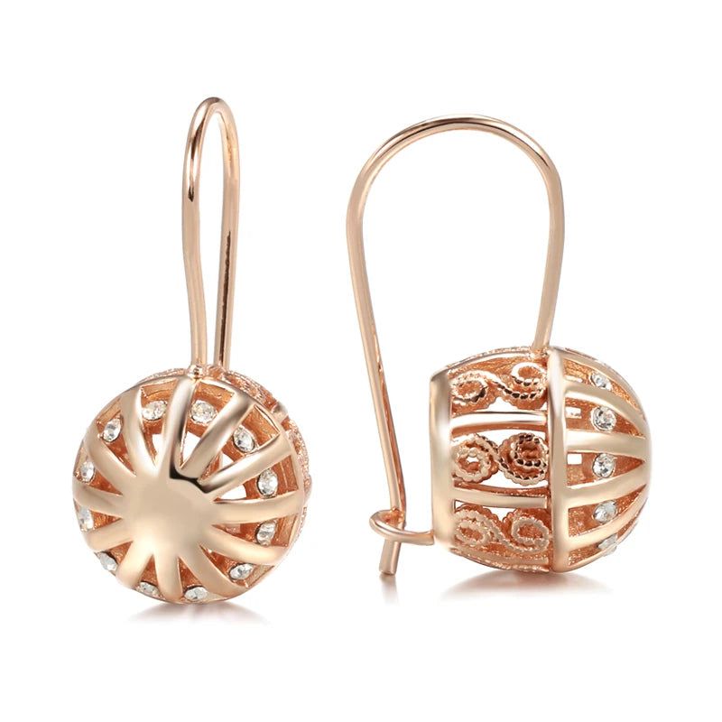 Elegant 585 Rose Gold Floral Drop Earrings with Hollow Ball Design - Statement Jewelry for Brides