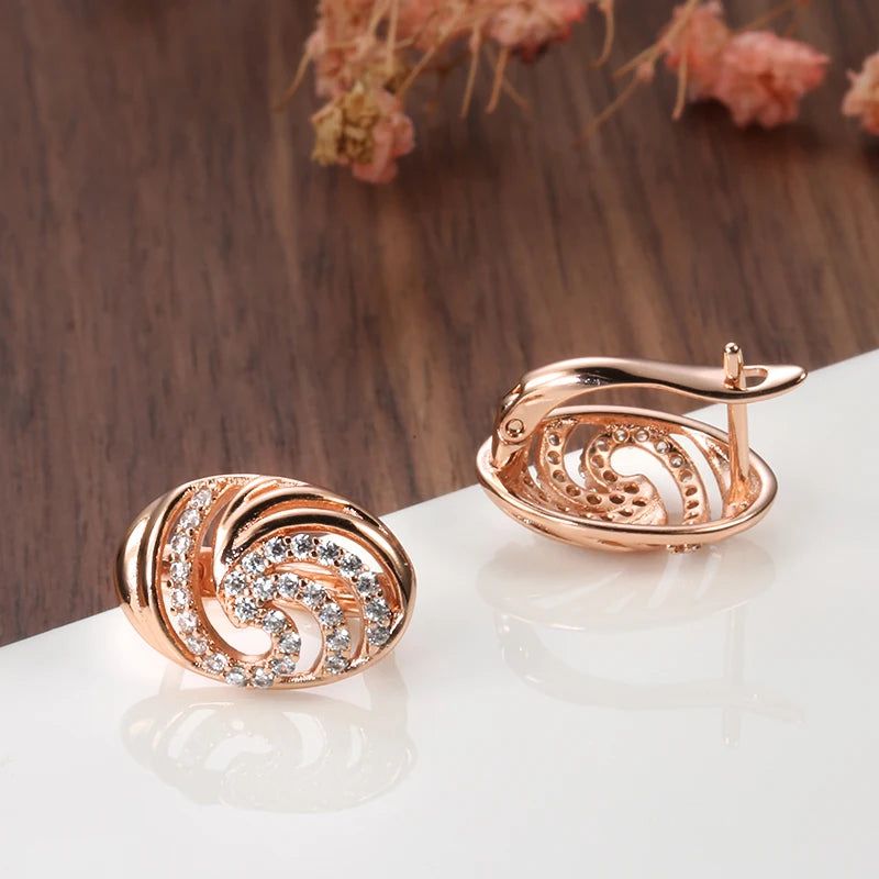 Elegant 585 Rose Gold Floral Stud Earrings with Oval Natural Zircon Accents