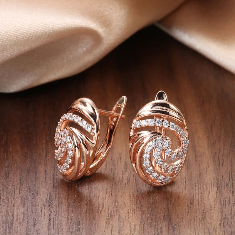 Elegant 585 Rose Gold Floral Stud Earrings with Oval Natural Zircon Accents