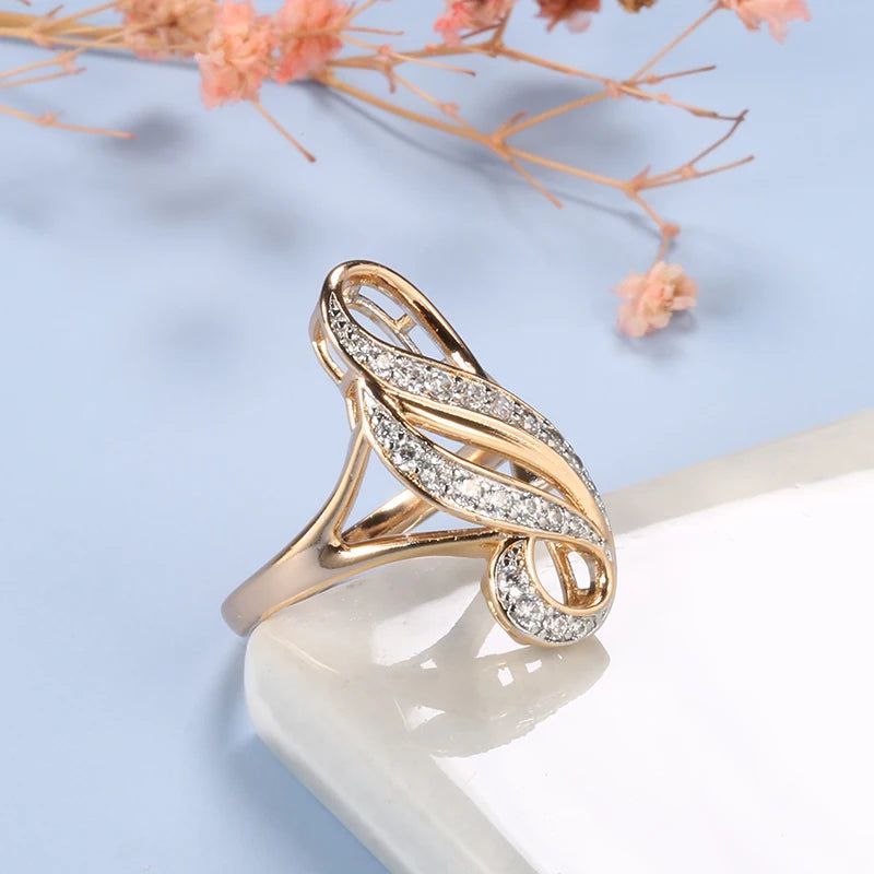 Elegant 585 Rose Gold Floral Zircon Cocktail Ring with Micro-Wax Inlay