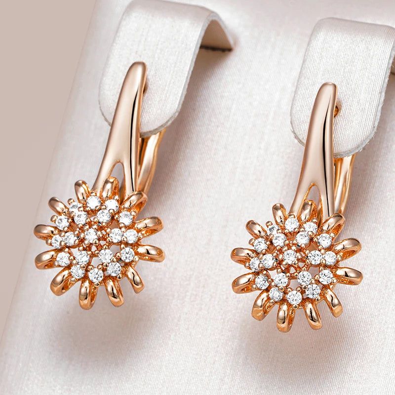 Elegant 585 Rose Gold Flower Crystal Dangle Earrings with Natural Zircon