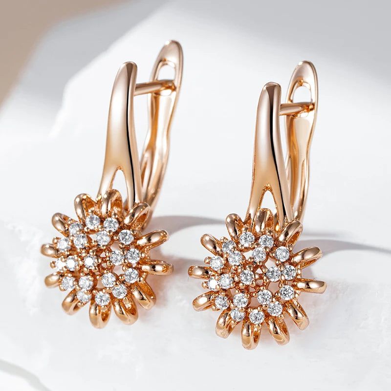 Elegant 585 Rose Gold Flower Crystal Dangle Earrings with Natural Zircon