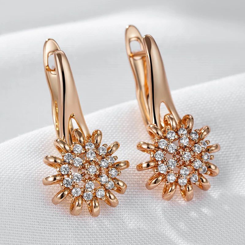 Elegant 585 Rose Gold Flower Crystal Dangle Earrings with Natural Zircon