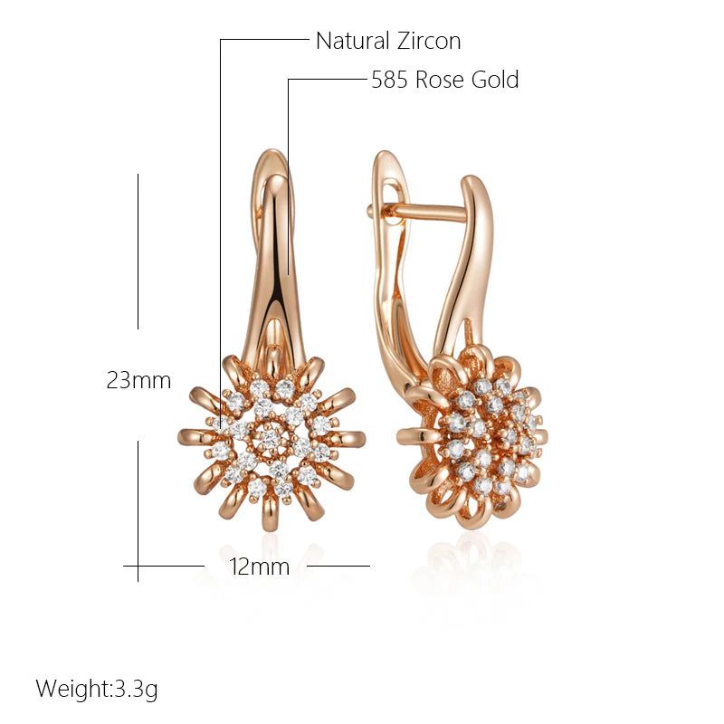 Elegant 585 Rose Gold Flower Crystal Dangle Earrings with Natural Zircon