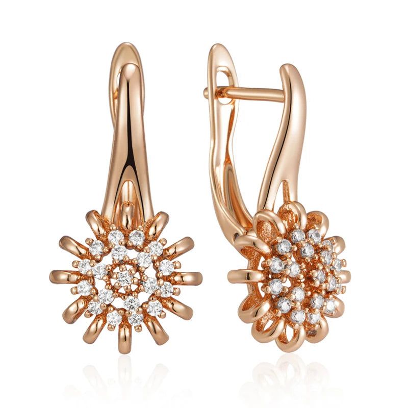 Elegant 585 Rose Gold Flower Crystal Dangle Earrings with Natural Zircon